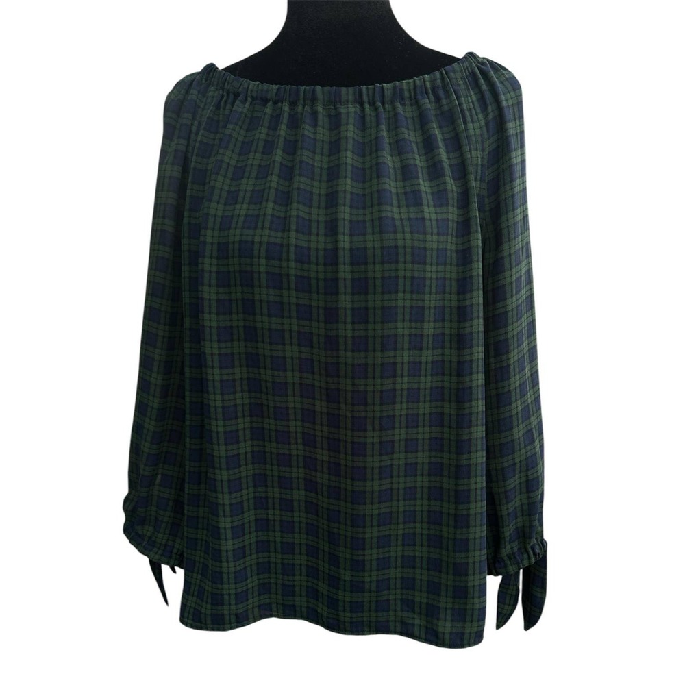 Talbots Petites Green Navy Blue Plaid Off Shoulder Tie Cuff Blouse MP